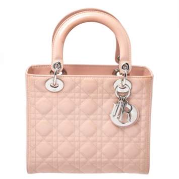 Pre Owned Dior Light Beige Patent Leather Medium Lady Dior Tote