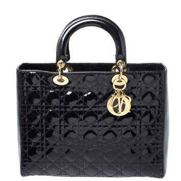Pre Owned Dior Black Patent Leather Large Lady Dior Tote