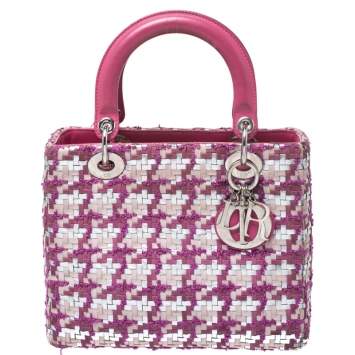 Pre Owned Dior Pink/Silver Tweed and Leather Medium Lady Dior Tote