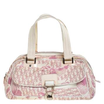 Pre Owned Dior Pink/Off White Canvas  Romantique Satchel