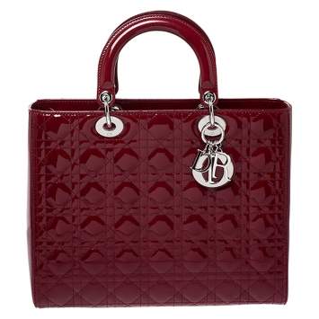 Pre Owned Dior Red Cannage Patent Leather Large Lady Dior Tote