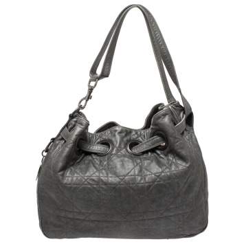 Pre Owned Dior Metallic Grey Cannage Leather Drawstring Tote