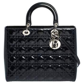 Pre Owned Dior Dark Blue Cannage Patent Leather Large Lady Dior Tote
