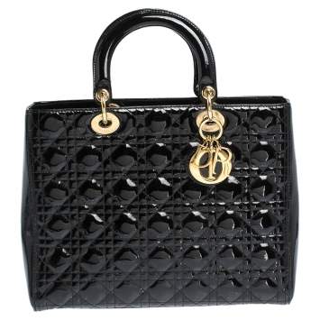 Pre Owned Dior Black Cannage Patent Leather Large Lady Dior Tote