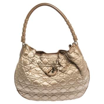 Pre Owned Dior Gold Cannage Satin and Leather Charming Hobo