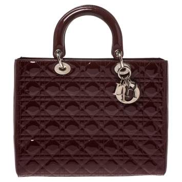 Pre Owned Dior Red Cannage Patent Leather Large Lady Dior Tote