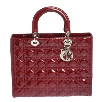 Pre Owned Dior Red Cannage Patent Leather Large Lady Dior Tote