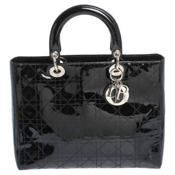 Pre Owned Dior Black Cannage Patent Leather Large Lady Dior Tote