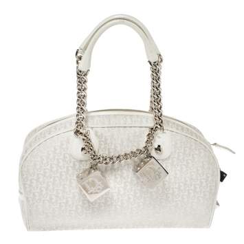 Pre Owned Dior White Oblique Canvas and Leather Gambler Dice Bowler Bag