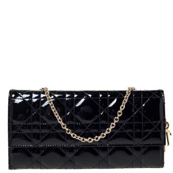 Pre Owned Dior Black Cannage Patent Leather Wallet on Chain