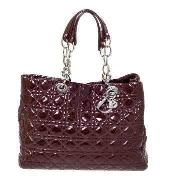 Pre Owned Dior Burgundy Cannage Quilted Soft Patent Leather Large Shopper Tote