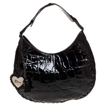 Pre Owned Dior Black Croc Embossed Patent Leather and Canvas Ethnic Hobo