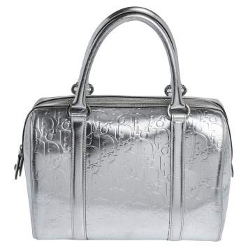 Pre Owned Dior Metallic Silver Oblique Monogram Leather Boston Bag