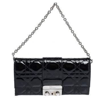 Pre Owned Dior Black Cannage Patent Leather New Lock Wallet on Chain