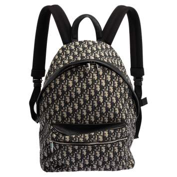 Pre Owned Dior Navy Blue/White Oblique Canvas and Leather Rider Backpack