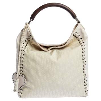 Pre Owned Dior White Oblique Canvas and Leather Ethnic Hobo