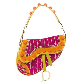 Pre Owned Dior Multicolor Velvet/Nylon and Leather Limited Edition Pom Pom Embellished Saddle Bag