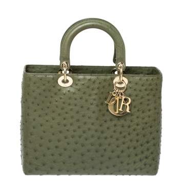مملوكة مسبقًا Dior Army Green Ostrich Large Lady Dior Tote