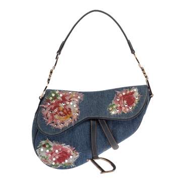 مملوكة مسبقًا Dior Blue Crystal Embellished Denim and Leather Saddle Bag