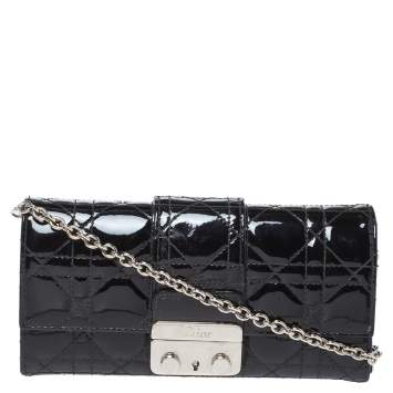 Pre Owned Dior Black Cannage Patent Leather New Lock Wallet on Chain