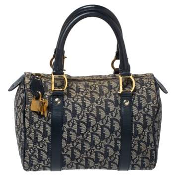 Pre Owned Dior Navy Blue Oblique Canvas and Leather Small Trotter Boston Bag