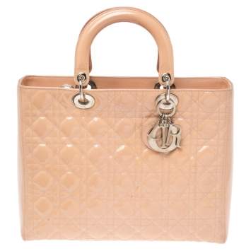 Pre Owned Dior Beige Cannage Patent Leather Large Lady Dior Tote