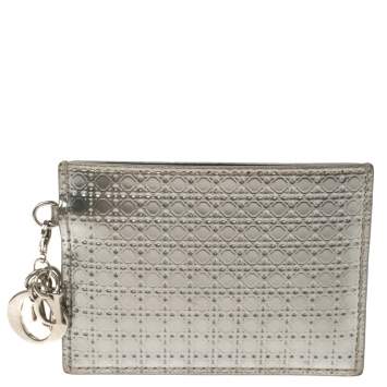 Pre Owned Dior Metallic Silver Micro Cannage Leather Lady Dior Card Holder
