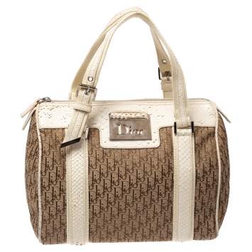Pre Owned Dior White/Beige Oblique Canvas and Python Boston Bag 