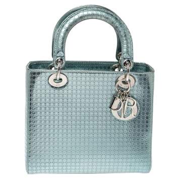 Pre Owned Dior Metallic Green Micro Cannage Patent Leather Medium Lady Dior Tote