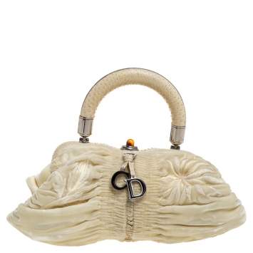 Pre Owned Dior Cream Velvet and Python Karenina Top Handle Bag