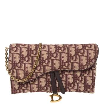 Pre Owned Dior Burgundy Oblique Canvas and Leather Saddle Wallet On Chain