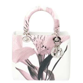 Pre Owned Dior White/Pink Floral Print Leather Medium Lady Dior Tote