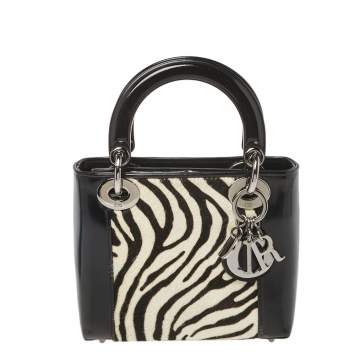Pre Owned Dior Black/White Patent Leather and Calf Hair Zebra Print Vintage Mini Lady Dior Tote