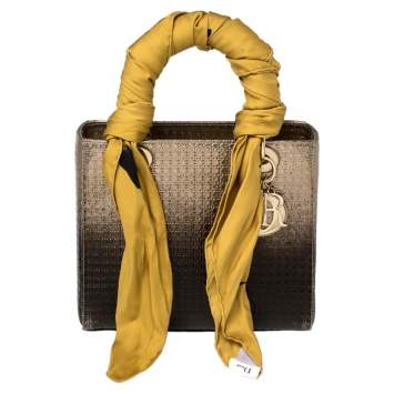Pre Owned Dior Metallic Ombre Gold Microcannage Patent Leather Medium Lady Dior Tote
