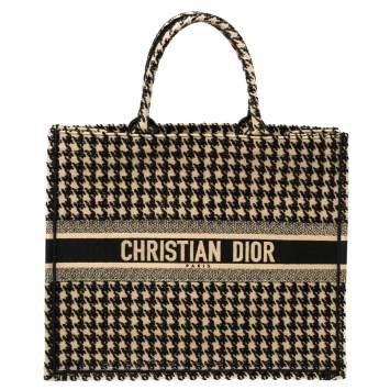 Pre Owned Dior Black/Beige Canvas Houndstooth Embroidered Book Tote