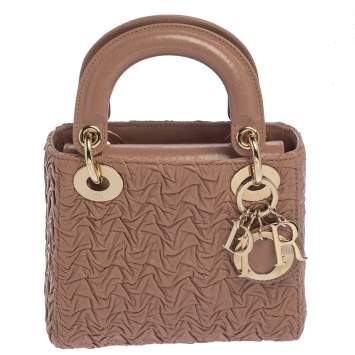 Pre Owned Dior Beige Wavy Shiny Crinkled Leather Mini Chain Lady Dior Tote