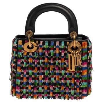 Pre Owned Dior Multicolor Leather Mini Beaded Fringe Lady Dior Tote