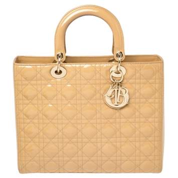 Pre Owned Dior Beige Cannage Patent Leather Large Lady Dior Tote