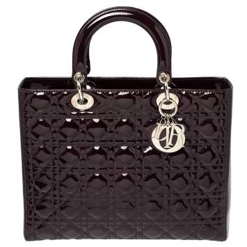 Pre Owned Dior Dark Purple Cannage Patent Leather Large Lady Dior Tote
