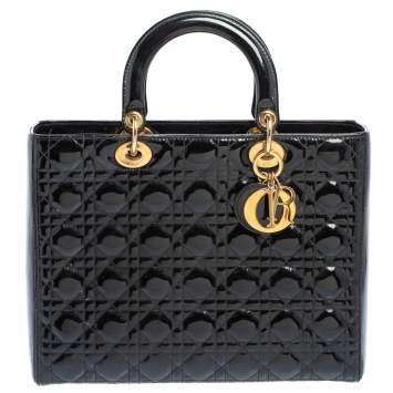 Pre Owned Dior Black Cannage Patent Leather Large Lady Dior Tote
