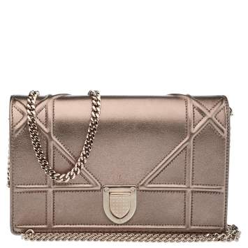 Pre Owned Dior Metallic Rose Gold Leather Diorama Wallet on Chain