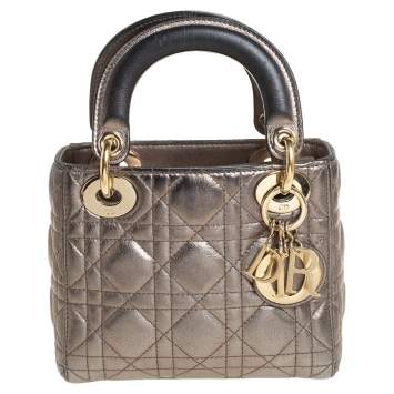 Pre Owned Dior Metallic Cannage Leather Mini Lady Dior Tote
