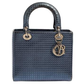 Pre Owned Dior Metallic Blue Microcannage Leather Medium Lady Dior Tote 