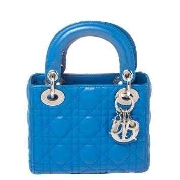 Pre Owned Dior Blue Cannage Leather Mini Lady Dior Tote