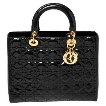 Pre Owned Dior Black Cannage Patent Leather Large Lady Dior Tote