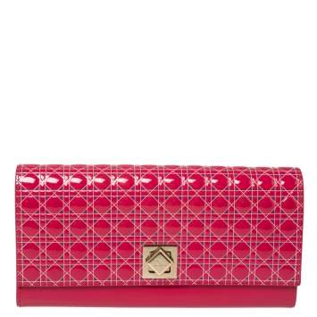 Pre Owned Dior Pink Cannage Patent Leather Flap Continental Wallet