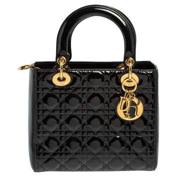 Pre Owned Dior Black Cannage Patent Leather Medium Lady Dior Tote