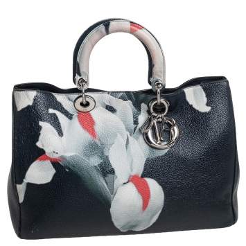 Pre Owned Dior Teal Green Flower Print Leather Large Diorissimo Shopper Tote