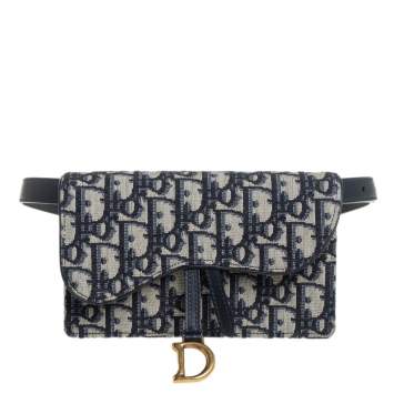 Pre Owned Dior Navy Blue/White Oblique Canvas and Leather Saddle Belt Bag