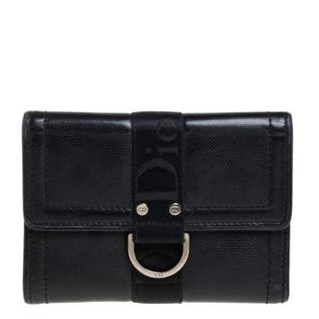 Pre Owned Dior Black Textured Leather Compact Wallet